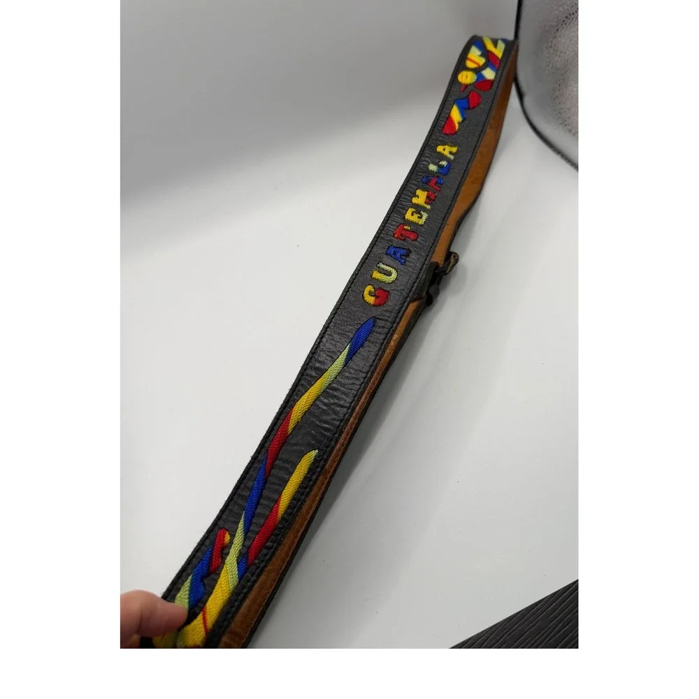 Leather Belt Mens 42 Black Excellent Guatemala Hand Embroidered